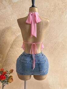 Soleia Top sexy versátil para mujer de color liso con cuello halter, plisado y volantes, para citas y salidas - Rosa Pálido - Ver 2