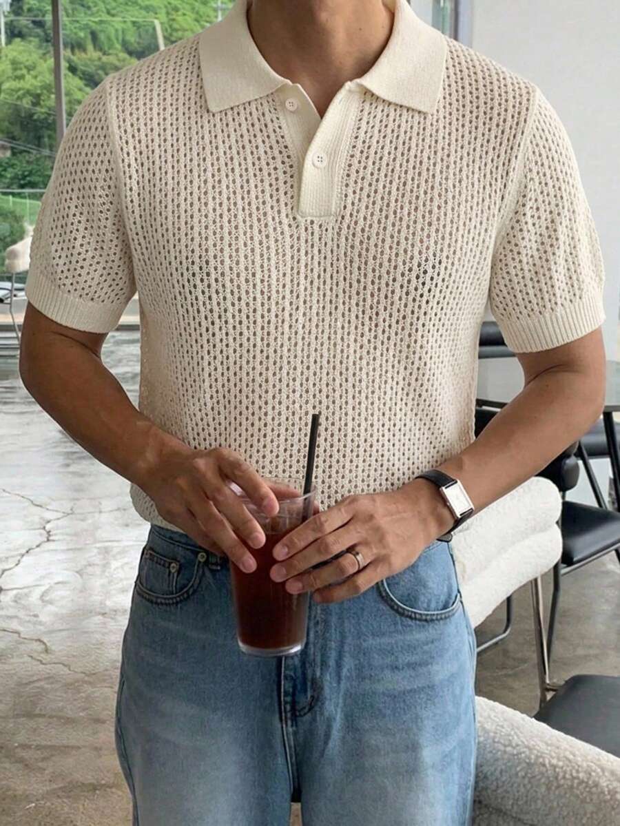 DAZY Men's Short Sleeve Half-Button Knit Top, Solid Apricot, Summer - Apricot - View 1