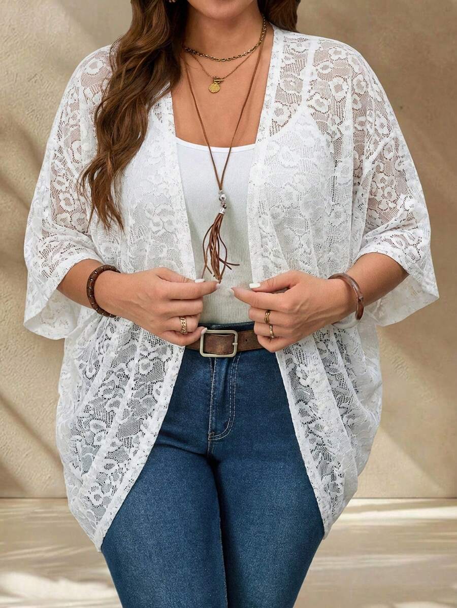 EMERY ROSE Cardigan de encaje de unicolor talla grande para uso casual en vacaciones - Blanco - Ver 1