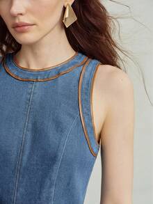 MOTF PREMIUM WOMEN'S SUMMER DENIM & LEATHER PATCHWORK SLEEVELESS WAIST-CINCHING DRESS - Medium Wash - View 6