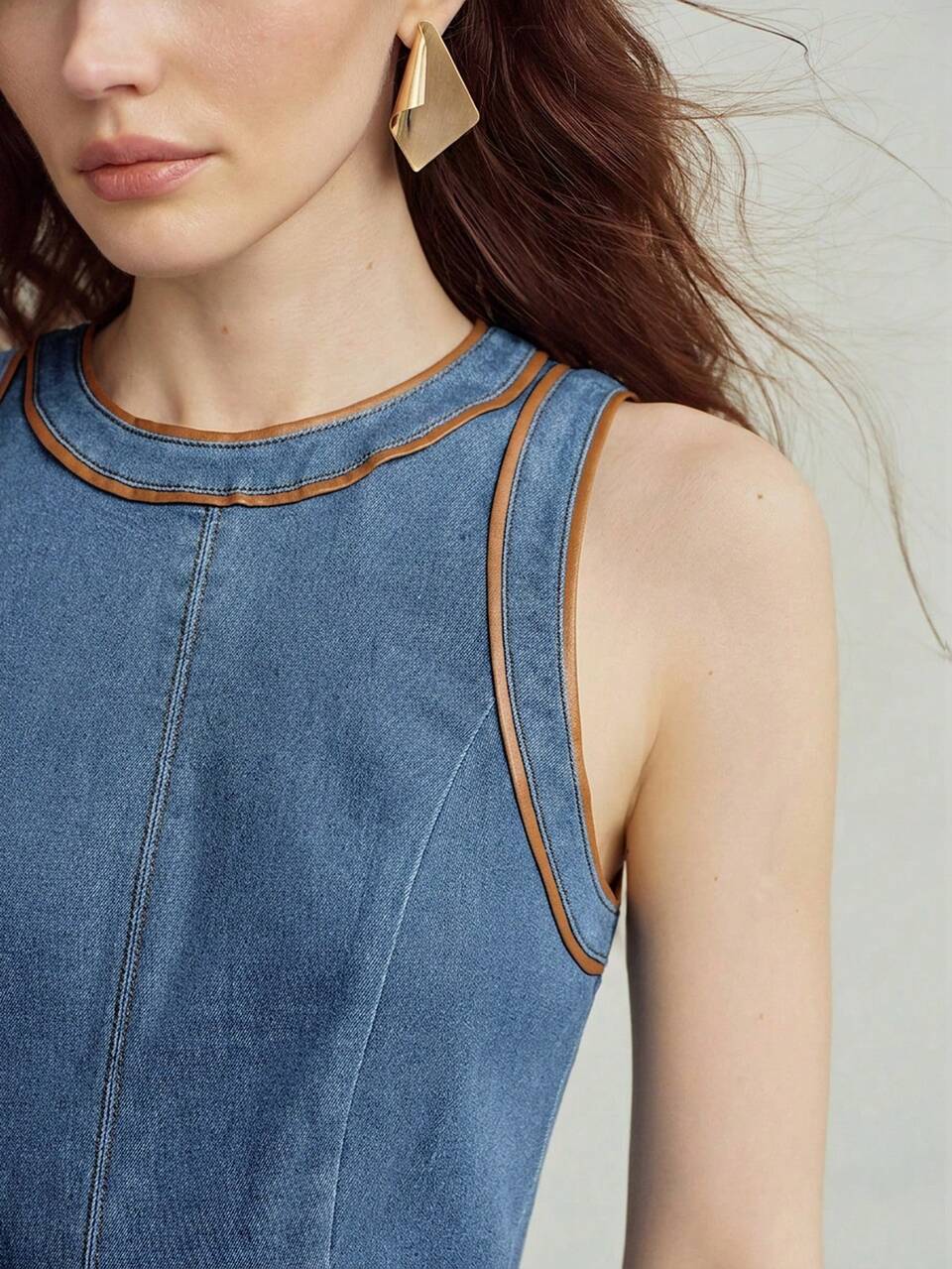 WOMEN'S SUMMER DENIM & LEATHER PATCHWORK SLEEVELESS WAIST-CINCHING DRESS