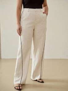 MOTF PREMIUM PLUS SIZE WOMEN'S LINEN CONTRAST PIPING STRAIGHT LEG PANTS FALL - Apricot - View 5