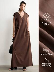 Aalyst Women's Summer Elegant French Romantic Minimalist Sleeveless V-Neck Dress Linen Texture Dark Brown Robe Vacation - Brown - View 7