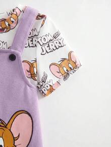 TOM & JERRY X SHEIN 女嬰卡通印花T恤與鈕扣背帶褲套裝 - 紫色 - 查看 5