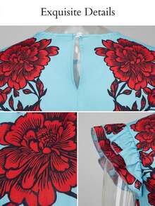 Brilight Blue Base Red Floral Print Ruffle Cap Sleeve Round Neck A Line Mini Dress Flowy Waisted Dress For Vacation Brunch Holiday Party Outfit - Blue - View 7
