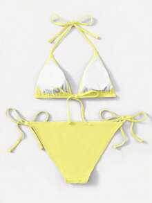 SHEIN Swim Vacation Beach Solid Color Two-Piece Swimsuit Set - Light Yellow - View 2
