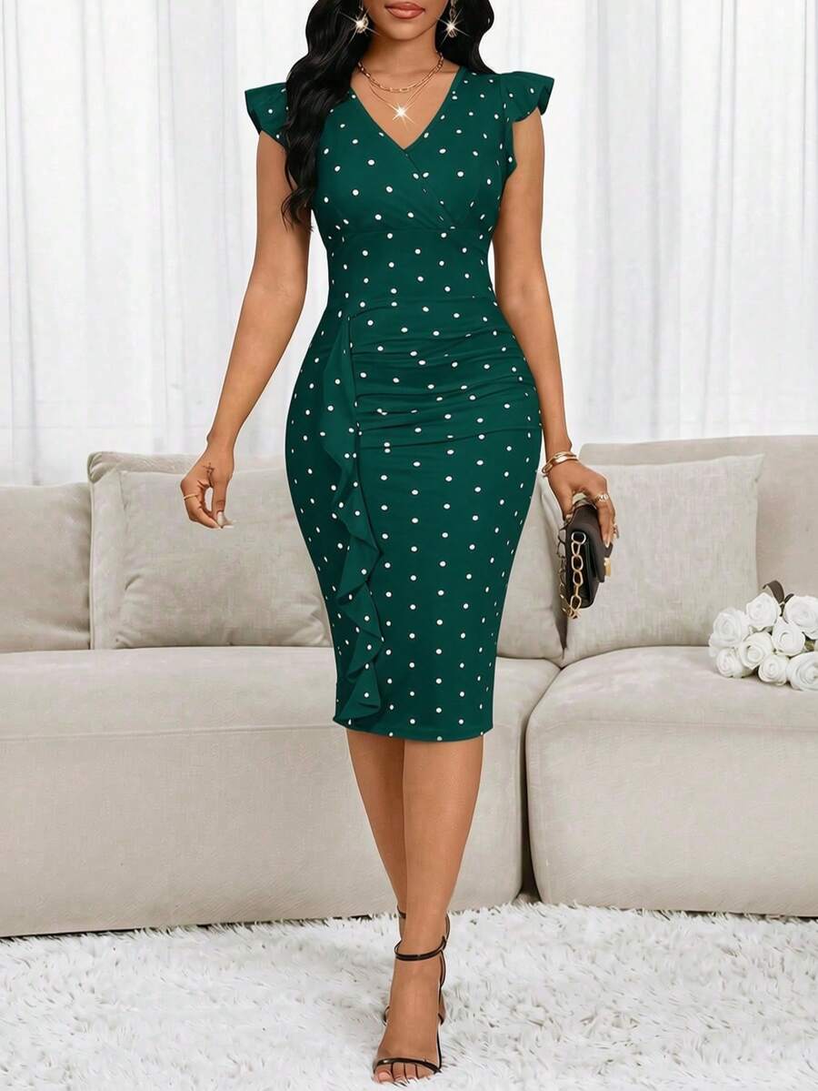 SHEIN Lady 四季皆宜的办公室深绿色连衣裙 白色波点优雅针织无袖荷叶边女装 - 墨綠色 - 查看 1