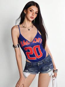 INAWLY Women's Letter Print Casual Sexy Camisole Style Club Night Out Blue Summer - Blue - View 3