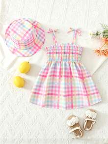 SHEIN 女嬰幼兒女童 2件組彩色條紋滿版印花細肩帶洋裝附配套帽子，2件套裝，適合日常休閒、度假、玩耍，舒適甜美可愛 - 彩色 - 查看 2