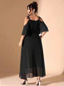 Cravure 1pc Lace Patchwork Sweetheart Neck Cold Shoulder Ruffle Hem Cinched Waist A-Line Midi Dress, Fashionable & Elegant, Suitable For Spring/Summer, Plus Size - Black - View 3