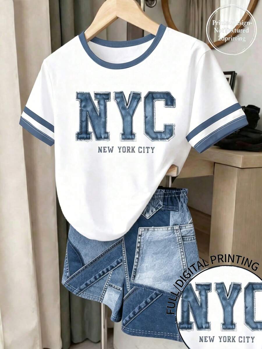 SHEIN 少女数码英文图案短袖短裤套装,休闲舒适春夏装,时尚百搭,适合户外活动、野餐、街头摄影、居家、上学、节日庆典、送礼、日常穿着。 - 彩色 - 查看 1