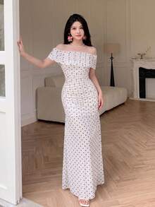 Modelyn 女款波點印花網紗方領收腰抓皺優雅婚禮約會洋裝 - 白色 - 查看 8