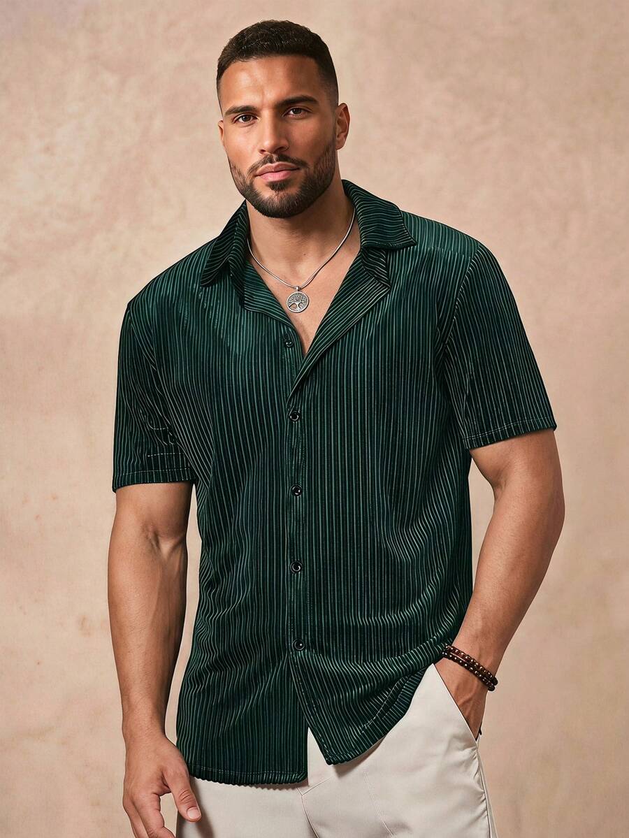 COMVAIL Plus Size Men's Casual Vertical Striped Short Sleeve Shirt, Summer - Green - View 1