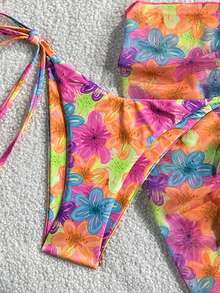 Swim Mod 3件組女款海灘夏季度假套裝，花卉紋理面料掛脖上衣、側綁帶比基尼泳褲、純色網紗裙，海灘度假比基尼套裝 - 彩色 - 查看 4