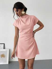 Aloruh Women's Ruched A-Line Mini Dress For Commuting,Summer Dresses For Women - Dusty Pink - View 3