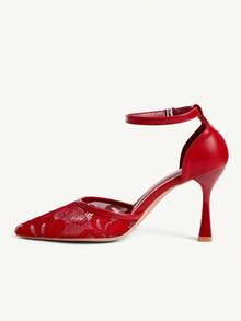CUCCOO CHICEST 尖頭鏤空蕾絲鏤空百搭優雅仙女風性感紅色高跟鞋 - 紅色 - 查看 5