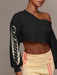 MUSERA V Neck Slouchy Off The Shoulder Printed Graphic Cuffed Balloon Sleeve Cropped Sweatshirt Cute Everyday Daily Lounge Airport Holidays Summer Altitude - Black - View 6