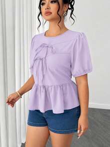 Elenzga Plus Size Women's Summer Solid Color Round Neck Puff Short Sleeve, Front Bow Tie, Short Ruffle Hem Blouse - Purple - View 4