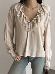 Livesso Women's Elegant Solid Color Lace Trim Ruffle Blouse Vacation - Apricot - View 3