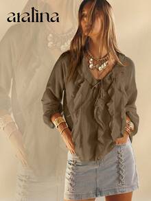 Aralina Ruffled V-Neck Long Sleeve Front Tie Blouse - Chocolate Brown - View 10