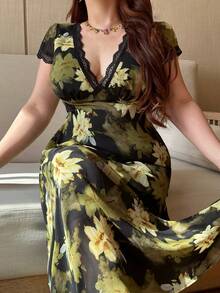 Vibekara V-Neck Lace Trim Chiffon Floral Print Flowy Dress - Yellow - View 3