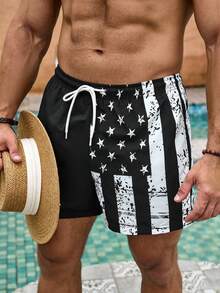 Manfinity KASUA Men's Plus Size American Flag Drawstring Beach Shorts - Black and White - View 4