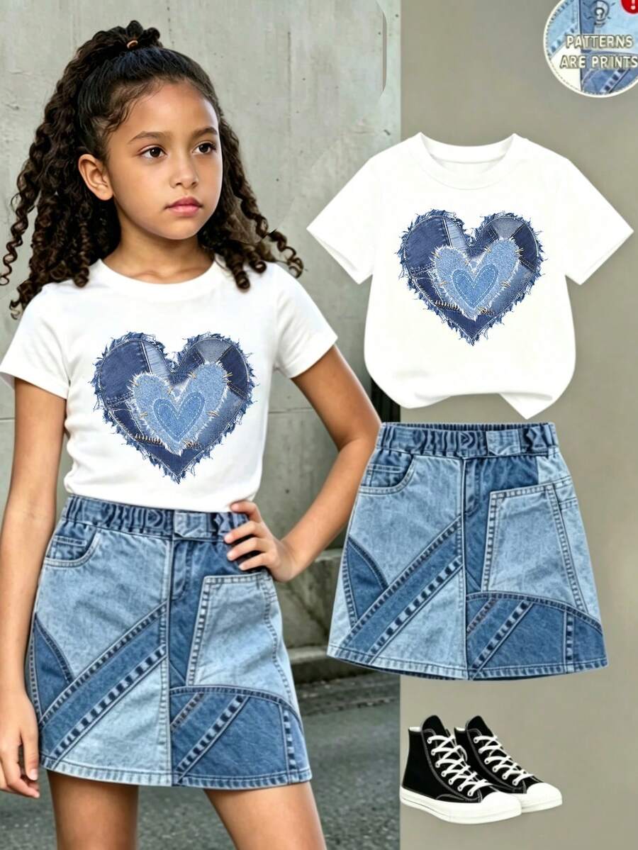 Ensemble 2 pièces pour jeune fille, mode décontractée printemps/été, tenue de robe à manches courtes, motif patchwork cœur bleu doux et frais, design t-shirt à col rond à manches courtes et jupe cargo patchwork rose, choix incontournable pour l'été, tenue confortable et à la mode pour filles, ensemble printemps/été - Multicolore - Voir 1