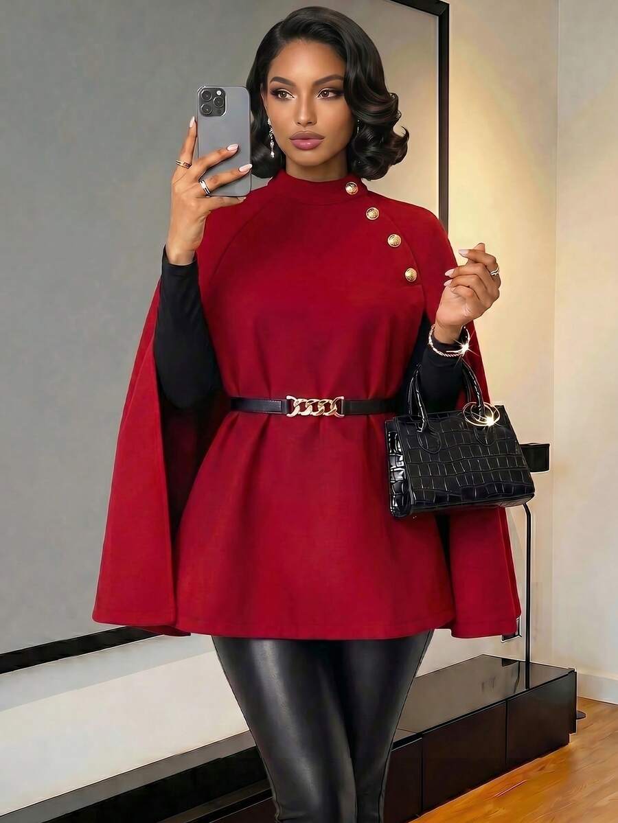 SHEIN Lady 女士休闲宽松斗篷式羊毛混纺大衣,简约商务秋冬女装 - 紅色 - 查看 1