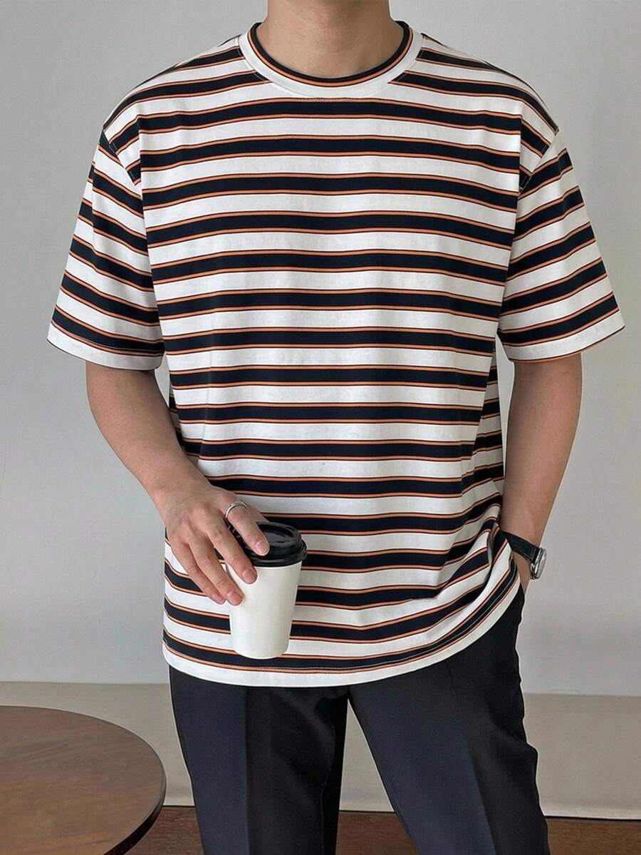 DAZY Summer Orange Navy Blue White Striped Multi-Color Short Sleeve Men's T-Shirt - Multicolor - View 1