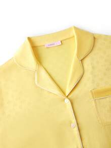 LUVLETTE Yellow Silky Satin Retro Floral Polka Dot Button-Up Top & Pants Pajama Set Pants With Pockets Long Sleeve Sets For Women - Yellow - View 7