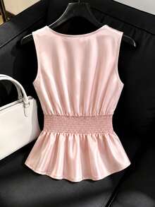 GlowEve Spring/Summer Satin Baby Pink Round Neck Sleeveless Pleated Metal Button Ruffle Collar Exquisite Elegant Commute Date Office Women's Blouse Shirt - Baby Pink - View 2