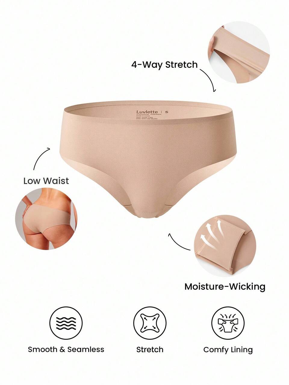 Lot de 4 culottes sans couture taille basse, sous-vêtements pour femmes - tons de terre