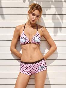 HELLO KITTY AND FRIENDS | SHEIN 女款夏季海灘波點卡通印花掛脖繫帶時尚比基尼兩件式泳衣套裝 - 粉色 - 查看 3