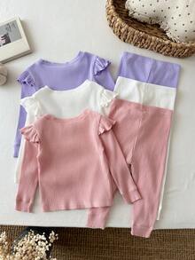 SHEIN 女嬰針織純色圓領荷葉邊下擺休閒T恤與長褲6件套 - 彩色 - 查看 2