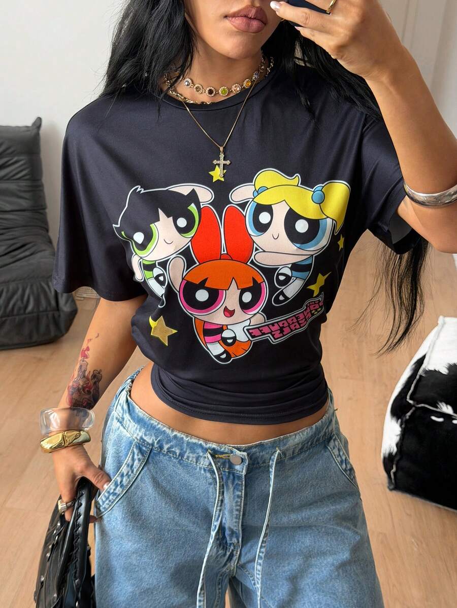 Coolane THE POWERPUFF GIRLS X SHEIN 休閒極簡運動街頭風百搭派對機場花卉泡泡毛茛音樂節T恤,夏季 - 彩色 - 查看 1