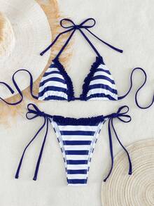 Swim Mod 2件組夏季新款綠色花卉印花性感露背掛脖綁帶女款泳衣套裝 - 藏蓝色 - 查看 3
