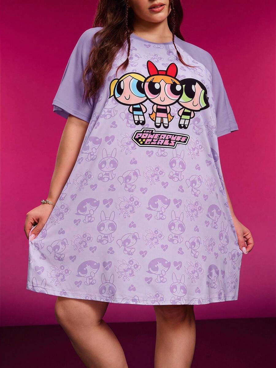 THE POWERPUFF GIRLS X SHEIN 大尺碼女款字母卡通印花休閒日常居家短袖睡裙 - 紫色 - 查看 1