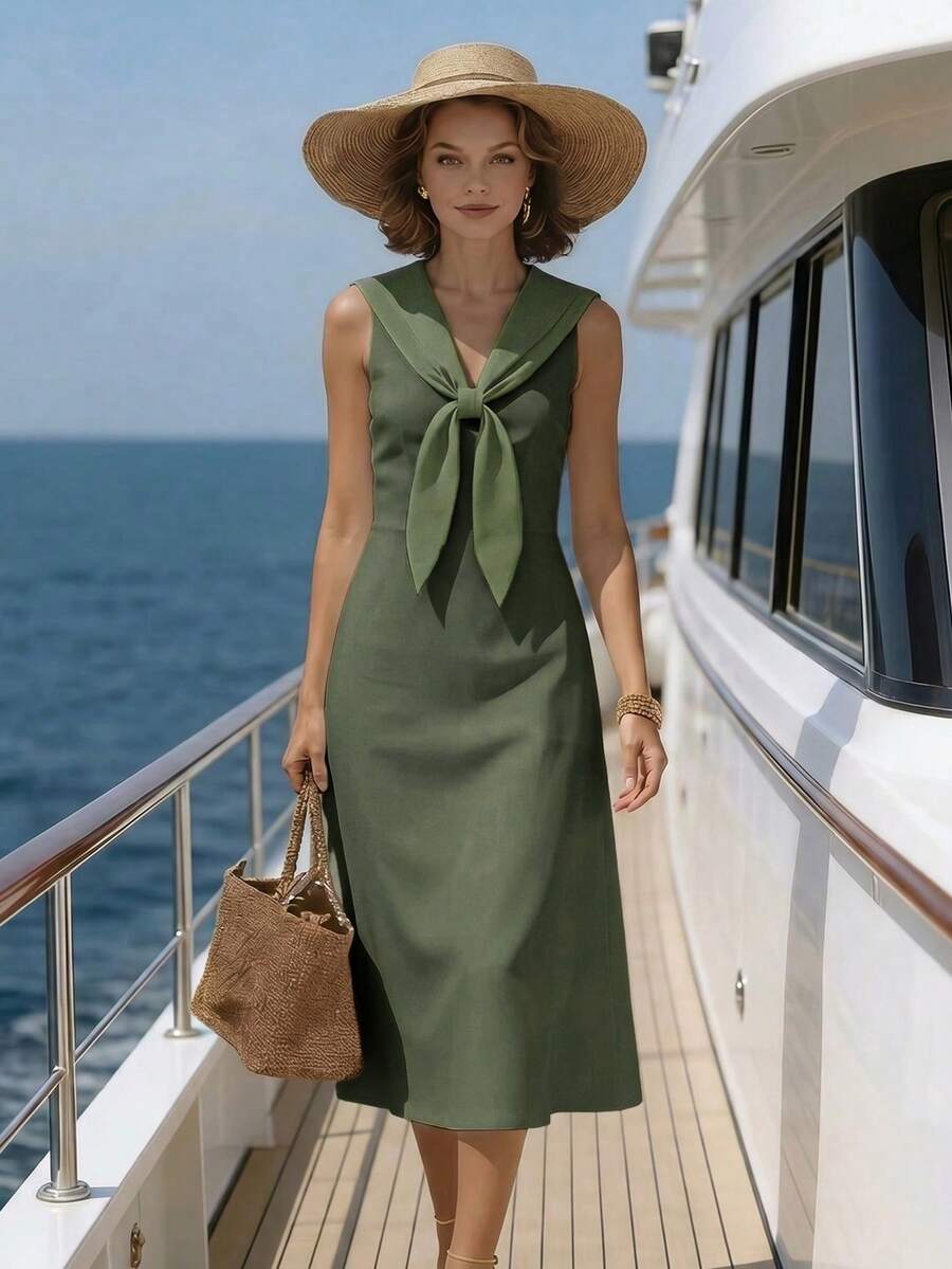 EMERY ROSE Vestido de estilo de vacaciones en la isla, elegante, de color azul marino, con cuello, de longitud media, para mujeres - Verde Oliva - Ver 1