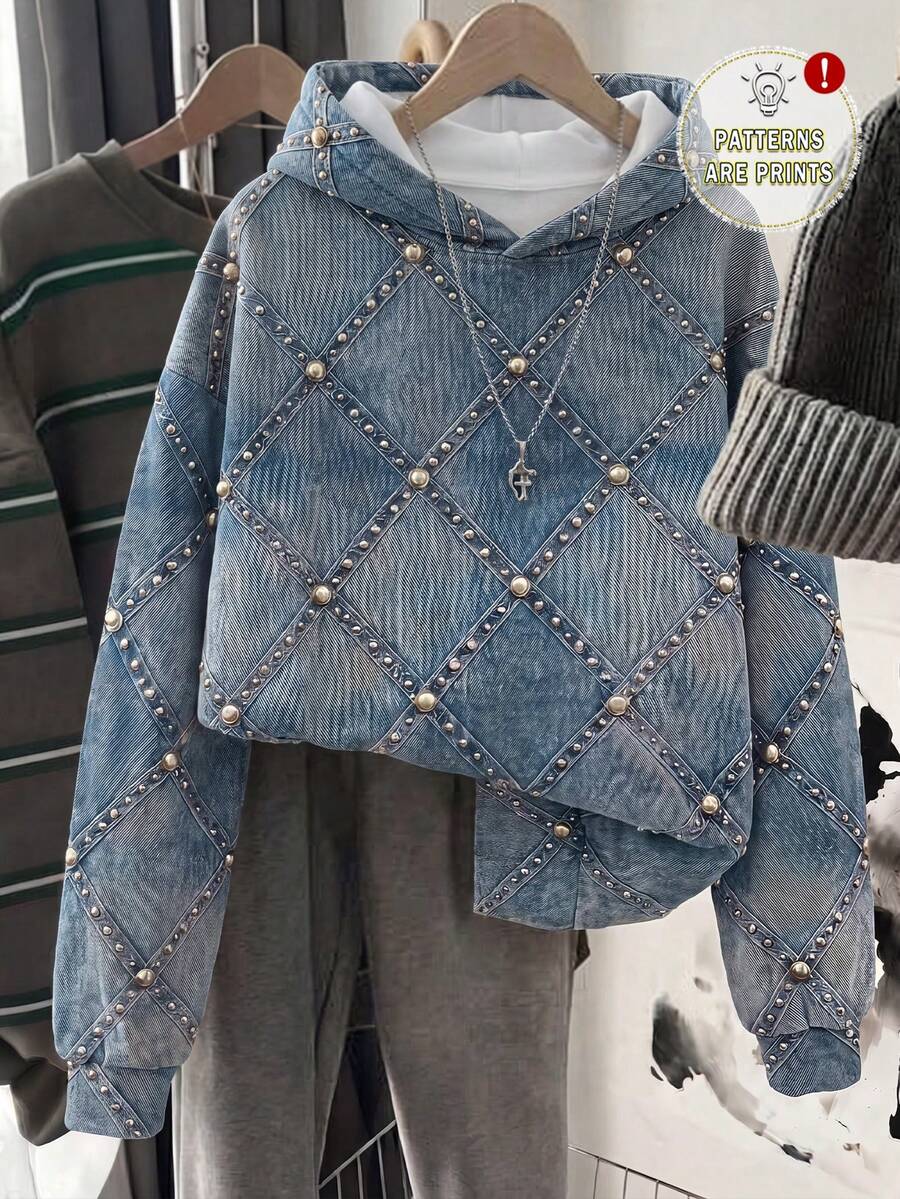 SHEIN EZwear 女款仿印花 3D 珠飾休閒百搭寬鬆長袖連帽衛衣 - 彩色 - 查看 1