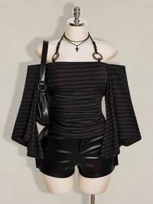 SHEIN ICON 大尺碼女款 Y2K 復古條紋掛脖喇叭袖時尚 T 恤，前衛街頭風休閒喇叭袖掛脖條紋針織上衣 - 深灰色 - 查看 1