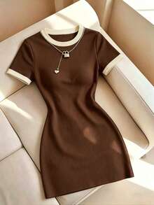 Selianne Gentle Elegant Brown Color Block Round Neck Short Sleeve Knit Bodycon Slimming Ribbed Mini Dress, Simple Versatile Commuter Hot Girl Style Dress - Multicolor - View 5