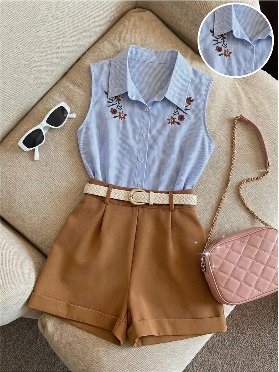 Franclia Conjunto de 2 Peças Estilo Commuter Francês com Top Sem Mangas Bordado com Listras Verticais Azul & Branco e Shorts Marrom - Multicolorido - Visão 1