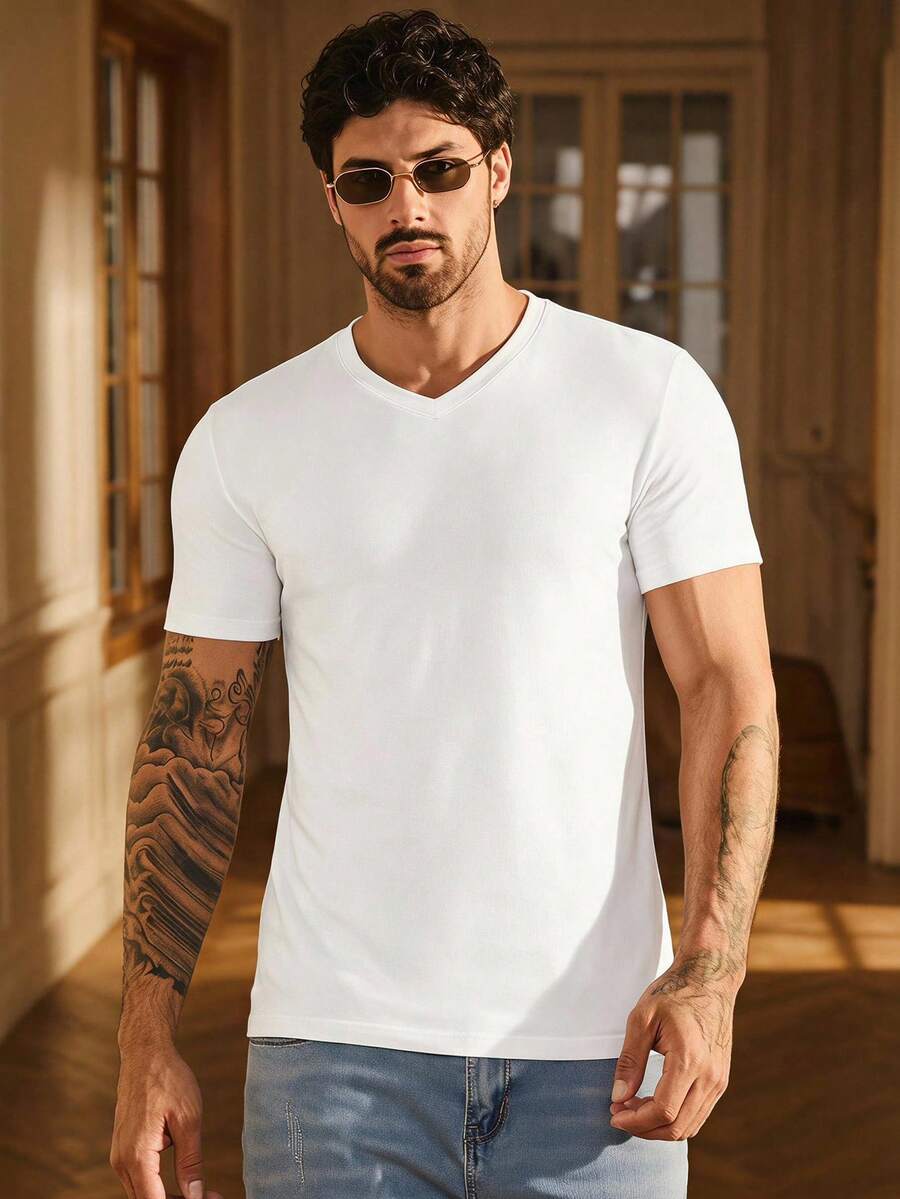 SIGLOCORE Men 100% Cotton Solid V Neck Tee - White - View 1