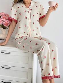 CottageSlumber Conjunto de cárdigan con estampado floral arrugado de burbujas y ribete de volantes - Burdeos - Ver 6