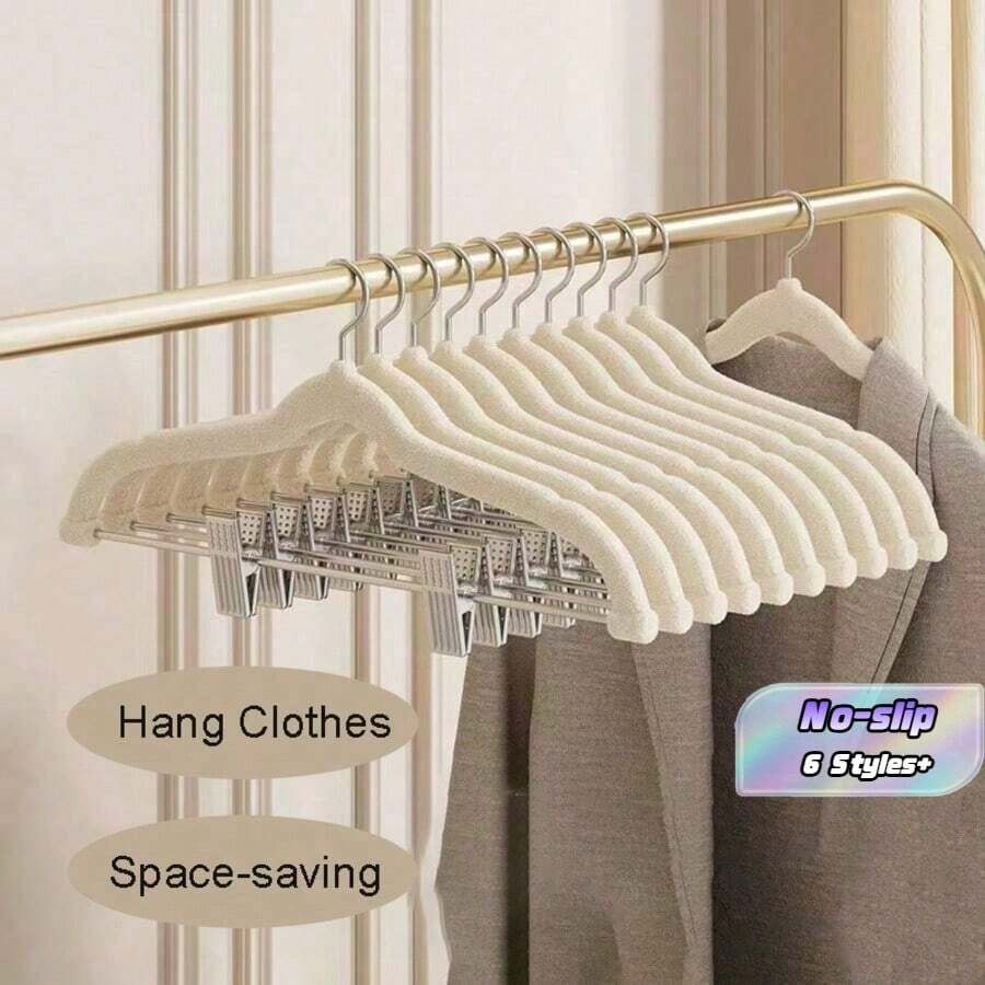 10pcs/5pcs Set New Soft Fabric Clothes Hangers, Home Closet Organizer Hangers, Dual-Use Non-Slip Garment Rack Clips, Suitable For Hanging Shirts, Dresses Or Pants, Space-Saving, Soft Surface Effectively Prevents Slipping And Protects Clothes - Multicolor - View 1