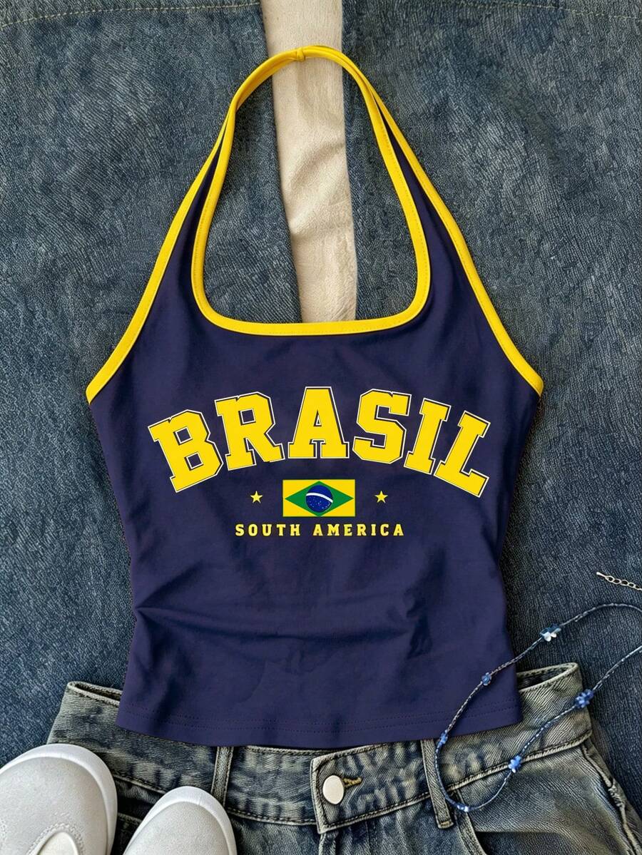 藍黃撞色休閒運動風城市字母 BRAZIL 圖案對比飾邊,青少年女孩白色長版掛脖背心,修身夏季上衣,可愛夏日穿搭 - 白色 - 查看 1