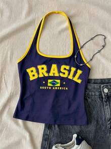 藍黃撞色休閒運動風城市字母 BRAZIL 圖案對比飾邊，青少年女孩白色長版掛脖背心，修身夏季上衣，可愛夏日穿搭 - 白色 - 查看 3