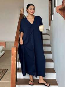 Dazy Plus Plus Size Women Solid Color Frill Trim Pullover Loose Long Nightgown Spring Summer Loungewear Dress Pajamas - Navy Blue - View 7