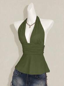 SHEIN ICON 萬聖節女款掛脖露背黑色娃娃裝背心上衣 - 軍綠色 - 查看 7