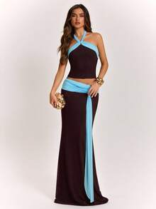 SHEIN BAE Dark Brown Color Block Tie Front Long Skirt, Vacation Style Sexy, Spring/Summer Club Night - Coffee Brown - View 6